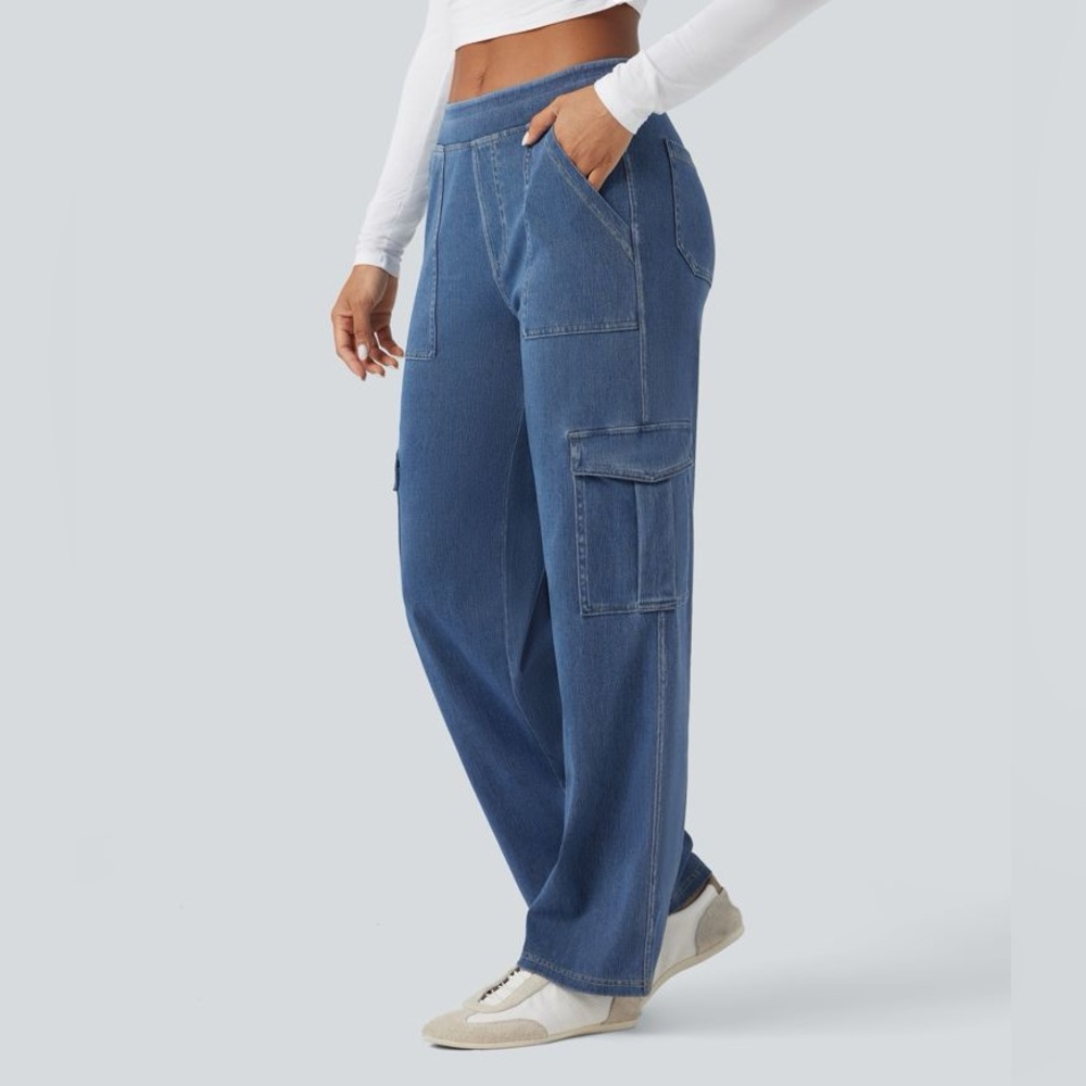 Wide Leg Cargo Denim Pants - Blue